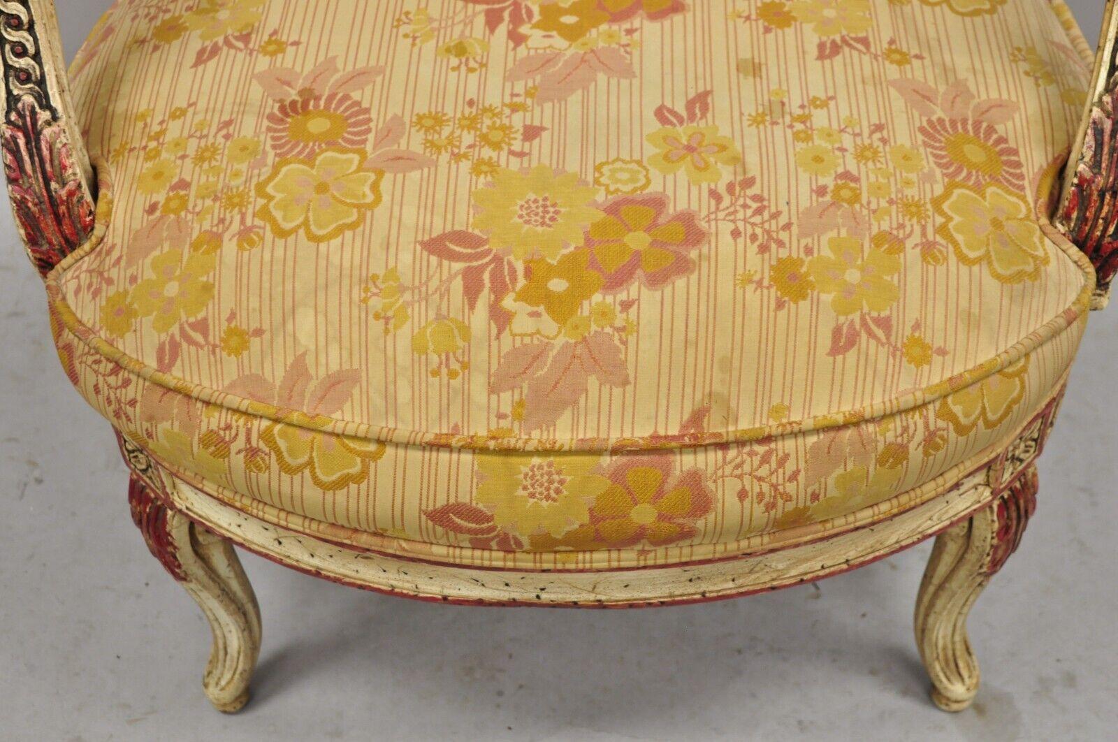 Vintage French Louis XV Style Cream and Red Painted Low Boudoir Fauteuil Chair For Sale 6