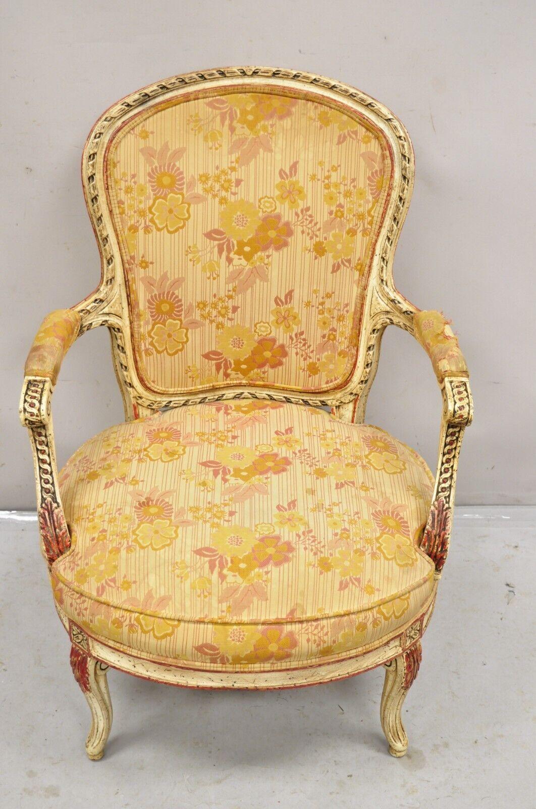 Vintage French Louis XV Style Cream and Red Painted Low Boudoir Fauteuil Chair For Sale 7