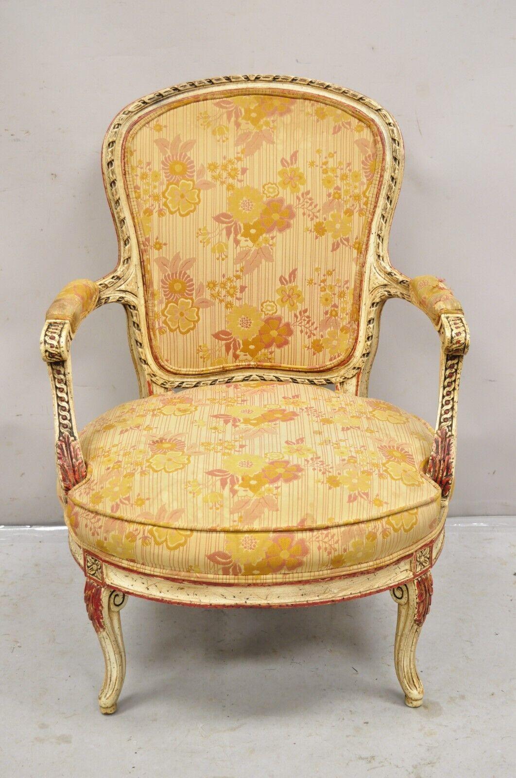 Vintage French Louis XV Style Cream and Red Painted Low Seat Boudoir Fauteuil Arm Chair. Circa Mid 20th Century.
Measurements: 35