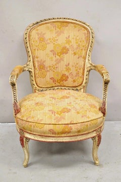 Vintage French Louis XV Style Cream and Red Painted Low Boudoir Fauteuil Chair