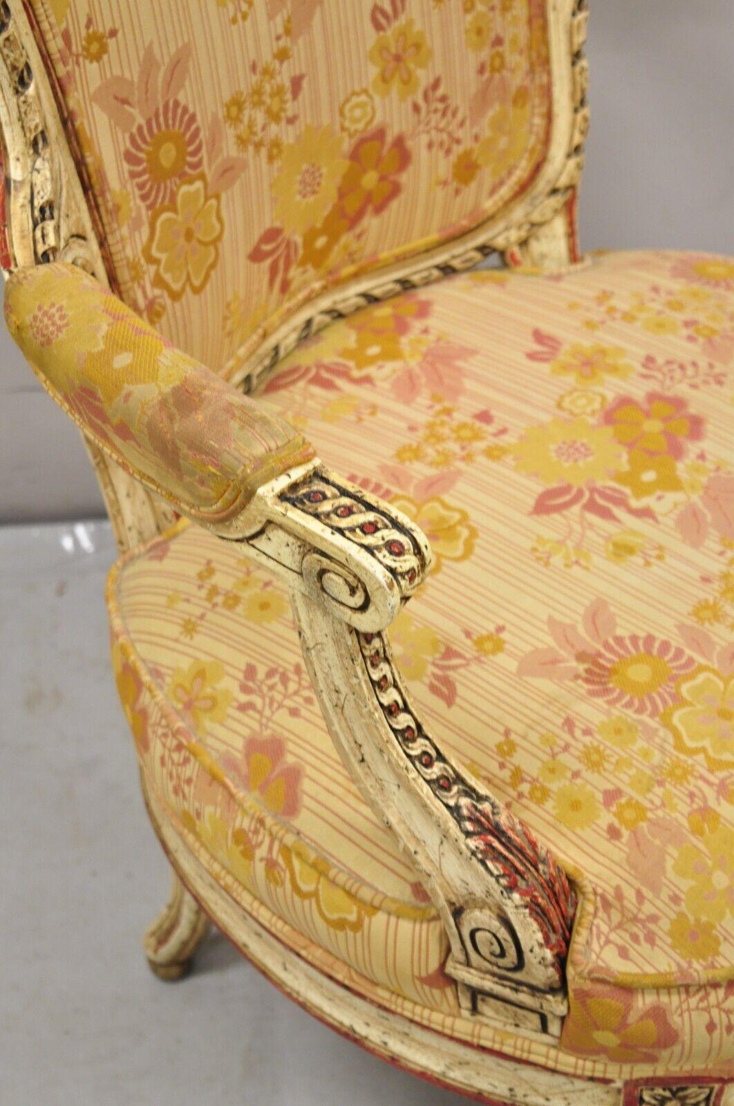 Vintage French Louis XV Style Cream and Red Painted Low Boudoir Fauteuil Chair In Good Condition For Sale In Philadelphia, PA