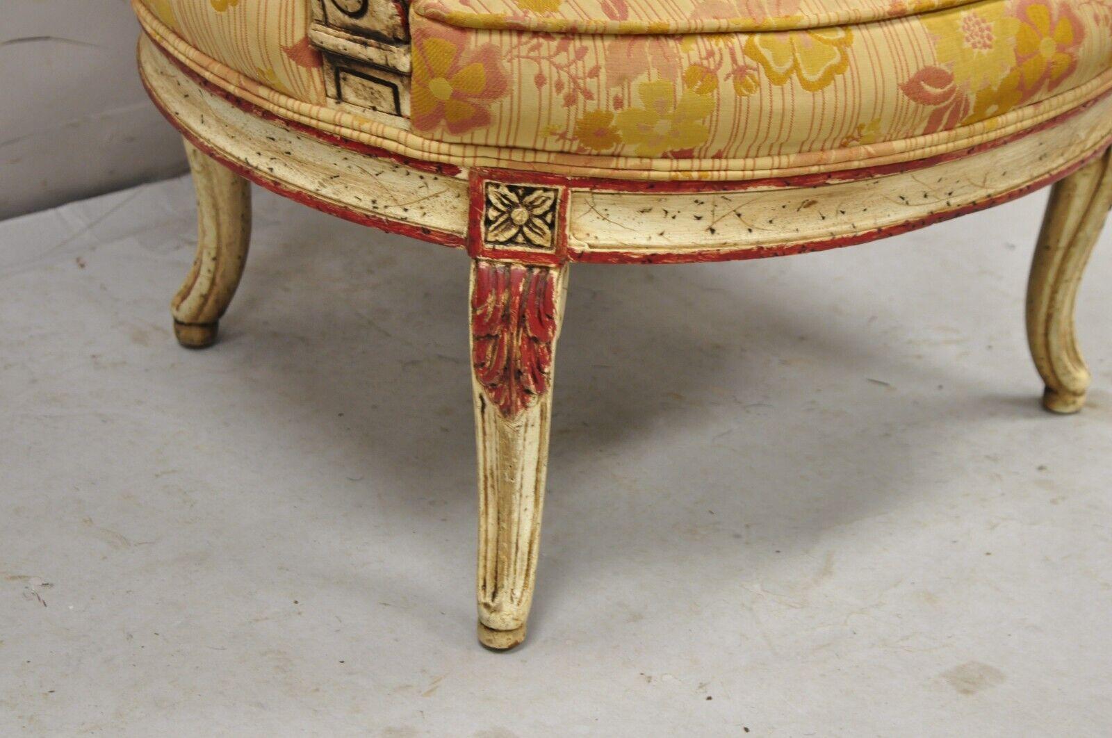 Vintage French Louis XV Style Cream and Red Painted Low Boudoir Fauteuil Chair For Sale 2