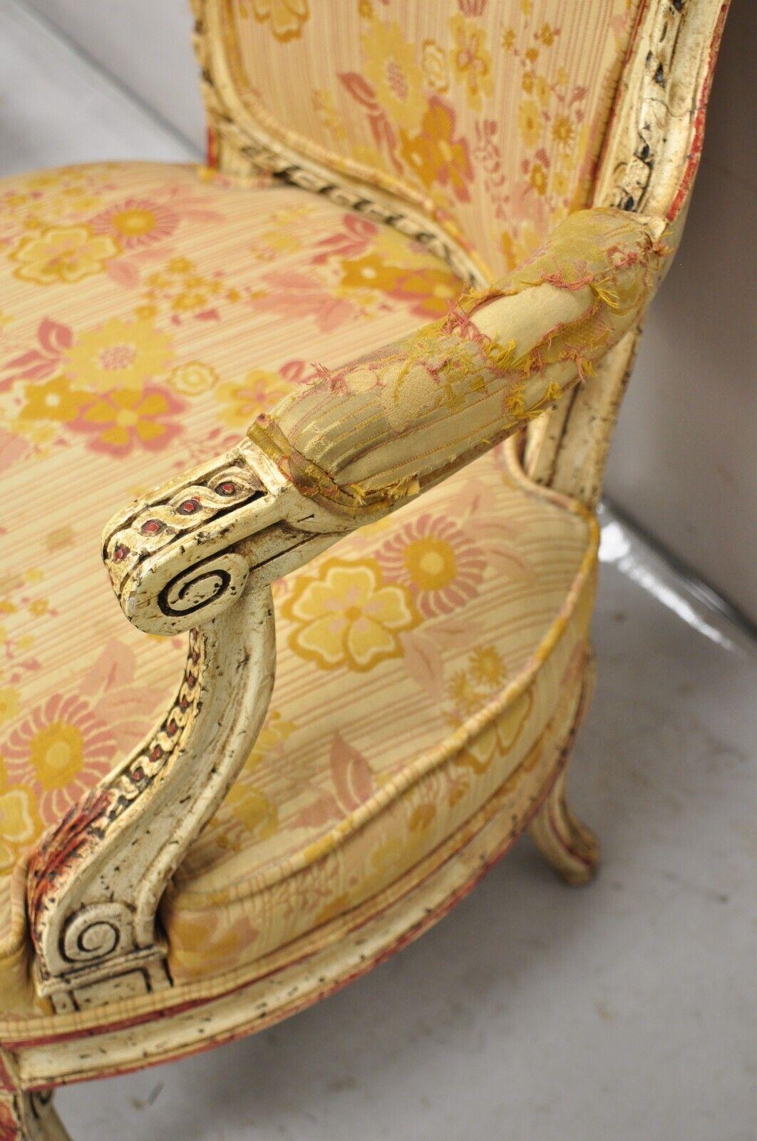 Vintage French Louis XV Style Cream and Red Painted Low Boudoir Fauteuil Chair For Sale 3