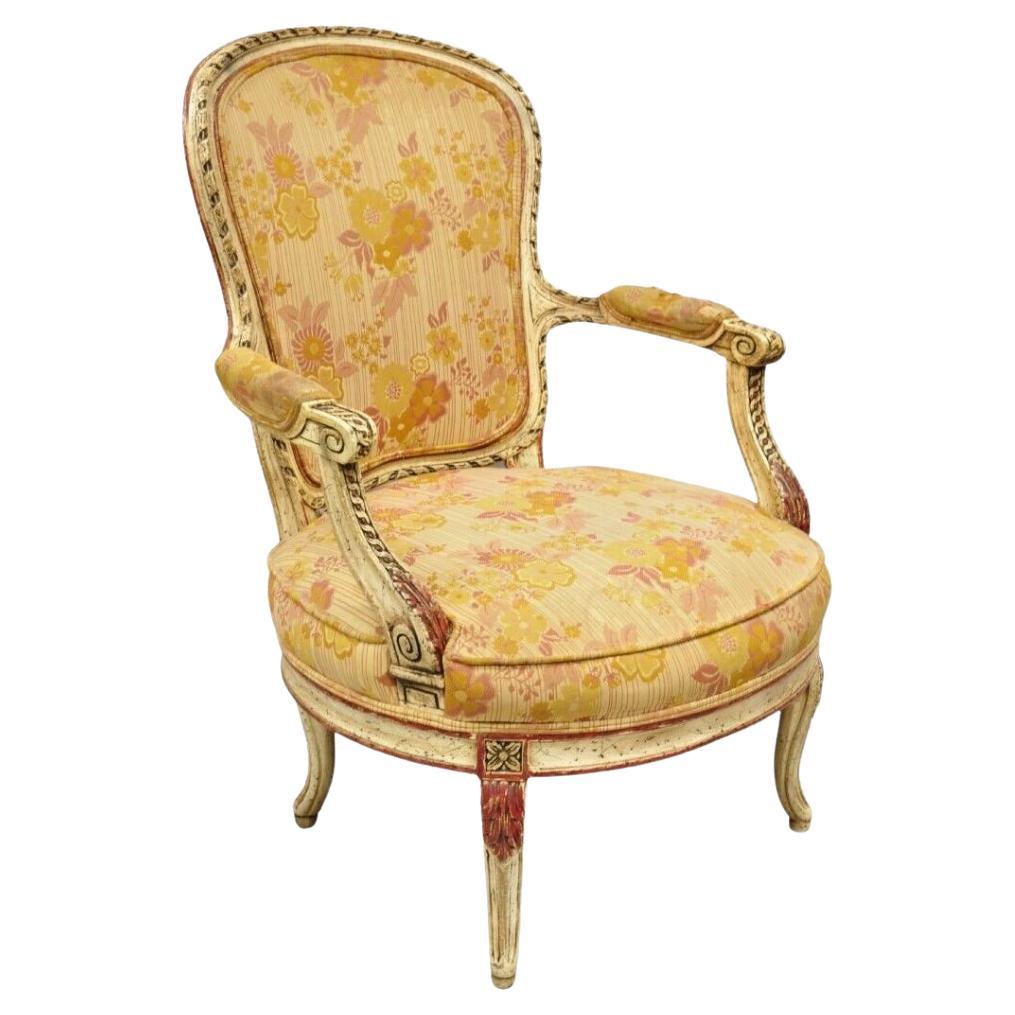 Vintage French Louis XV Style Cream and Red Painted Low Boudoir Fauteuil Chair For Sale