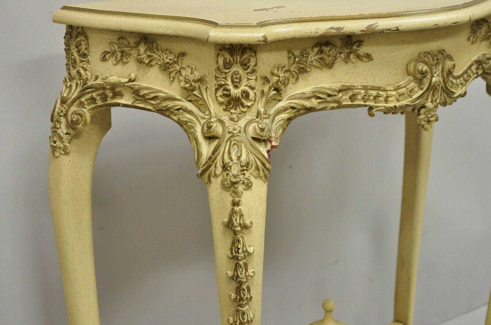 Vintage French Louis XV Style Cream Painted Floral Carved Console Hall Table 3