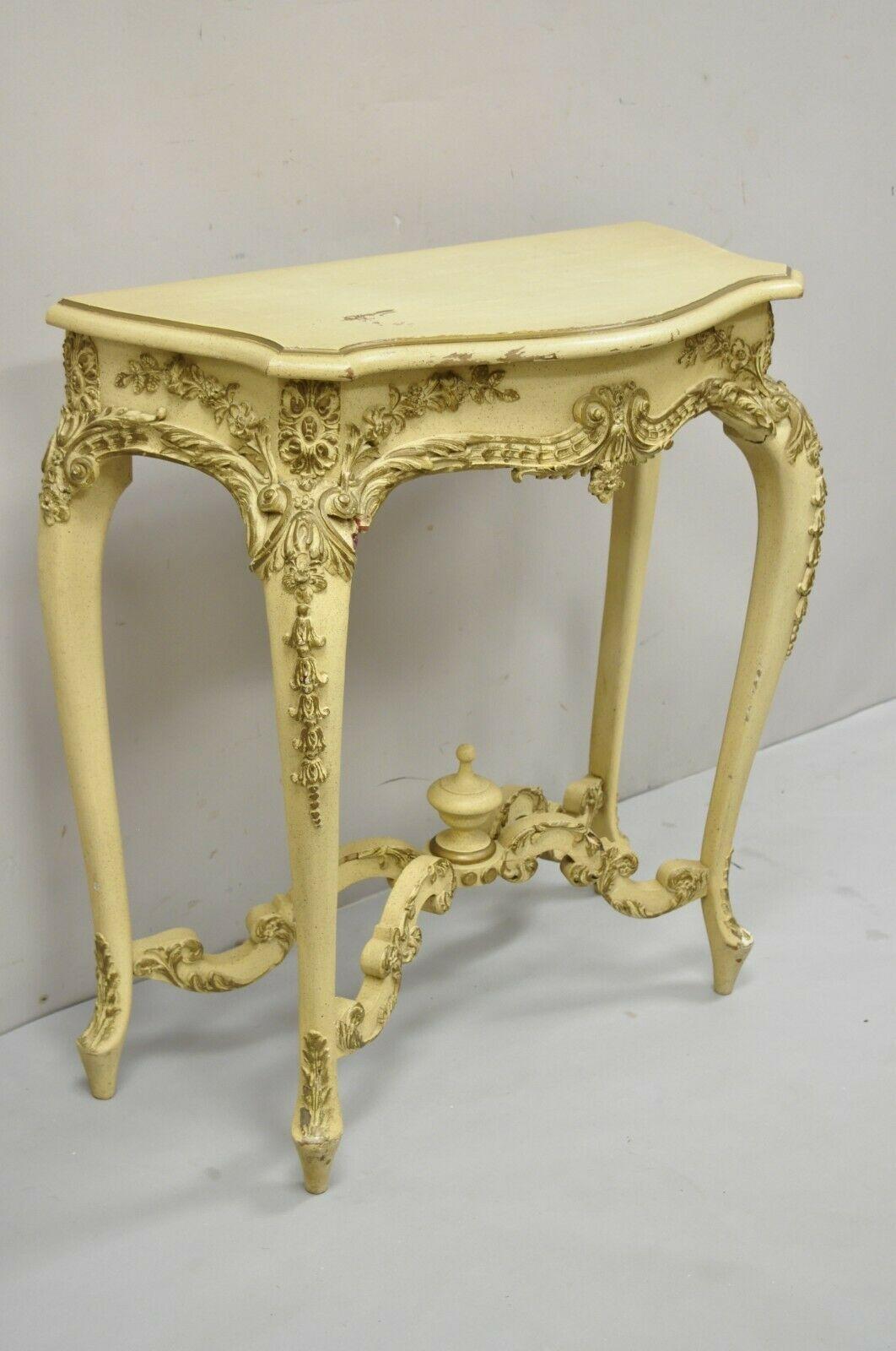 Vintage French Louis XV Style Cream Painted Floral Carved Console Hall Table 5