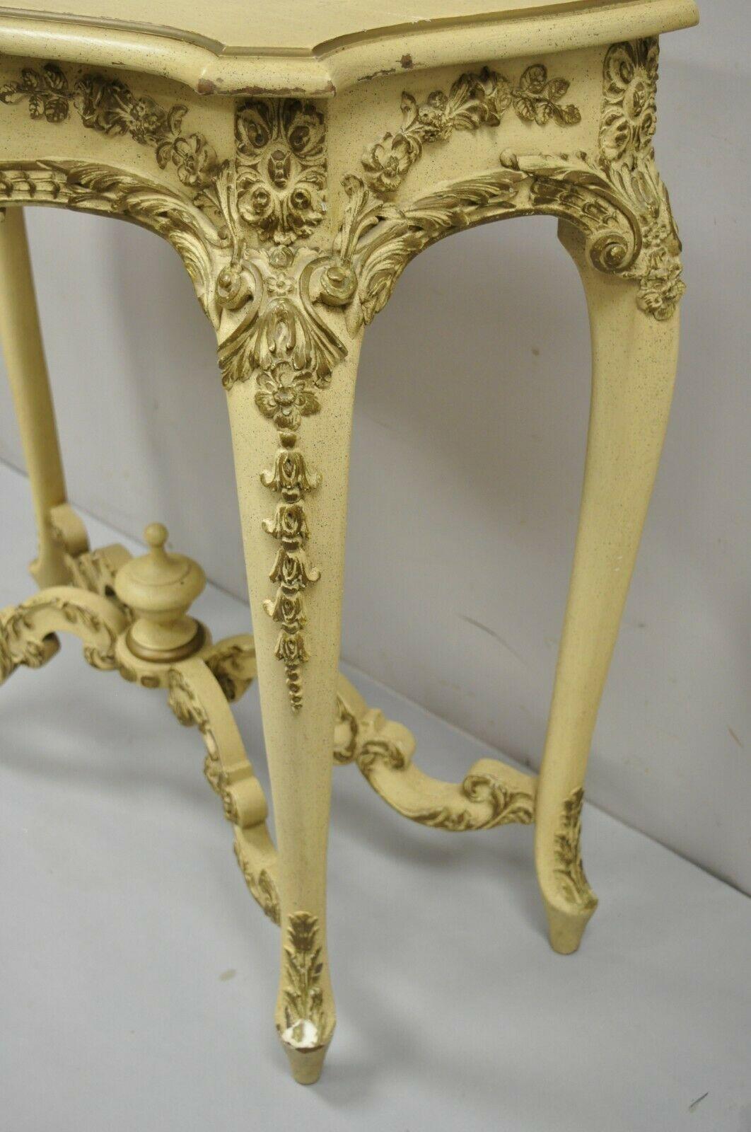 Italian Vintage French Louis XV Style Cream Painted Floral Carved Console Hall Table