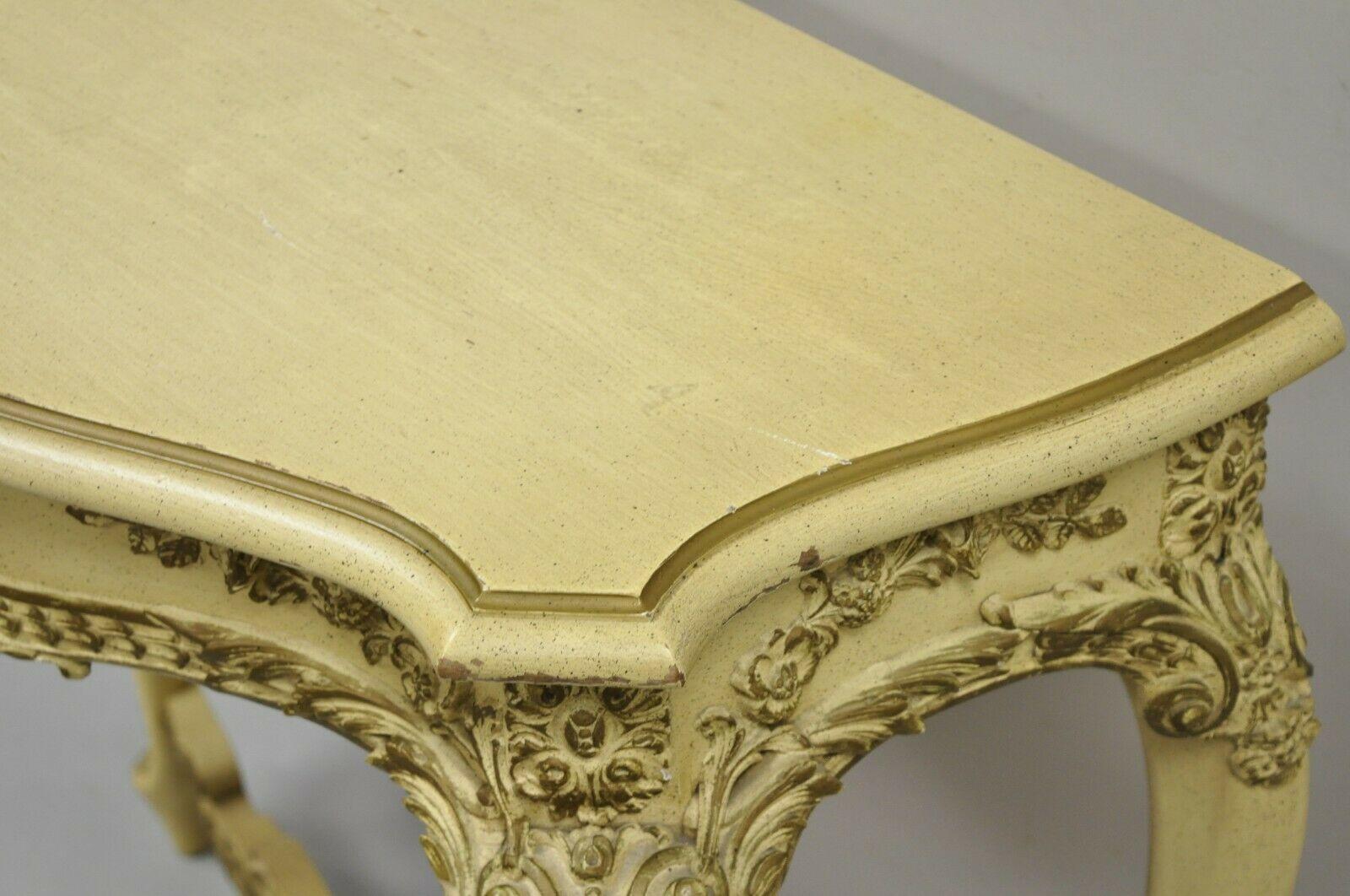 20th Century Vintage French Louis XV Style Cream Painted Floral Carved Console Hall Table