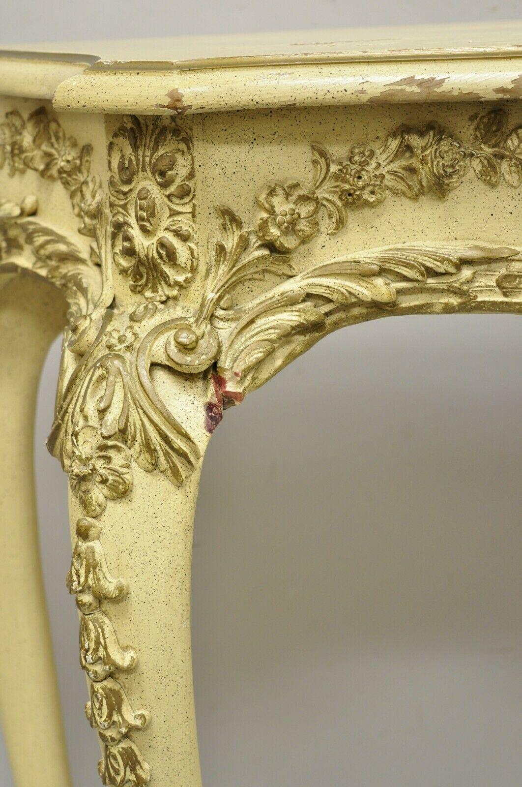 Vintage French Louis XV Style Cream Painted Floral Carved Console Hall Table 2