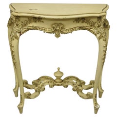 Vintage French Louis XV Style Cream Painted Floral Carved Console Hall Table