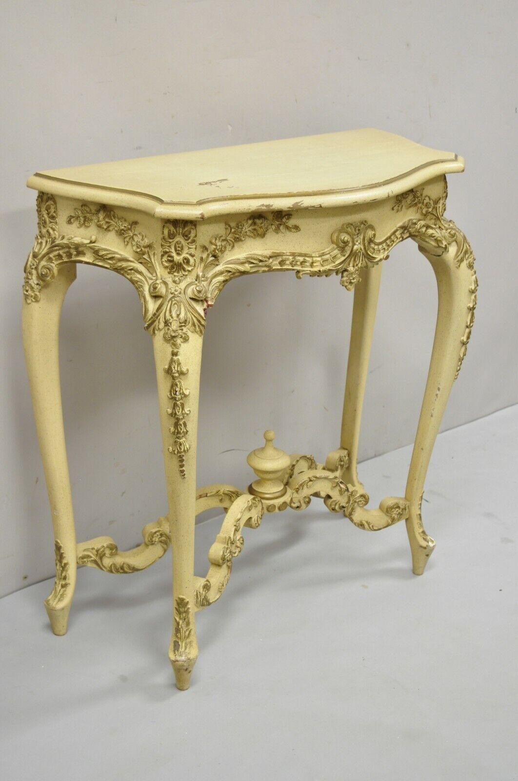 Vintage French Louis XV Style Cream Painted Floral Carved Console Hall Table 6