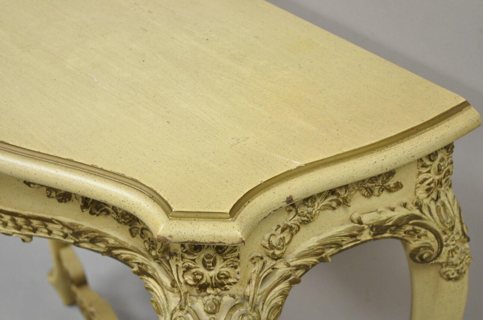 Wood Vintage French Louis XV Style Cream Painted Floral Carved Console Hall Table