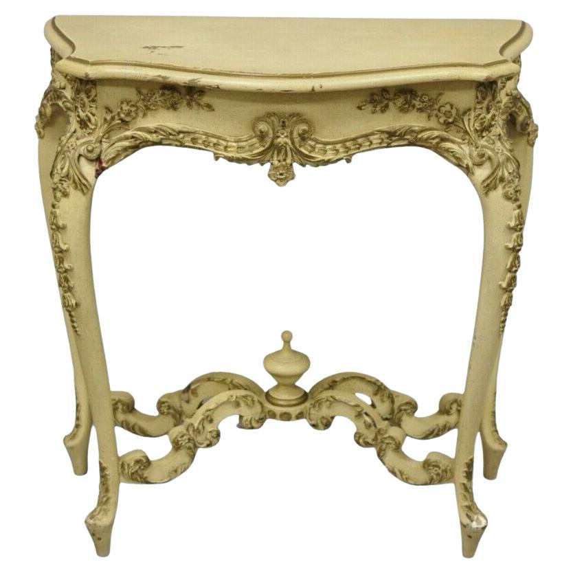 Vintage French Louis XV Style Cream Painted Floral Carved Console Hall Table For Sale