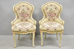 Vintage French Louis XV Style Cream & Pink Painted Boudoir Slipper Chair - Pair