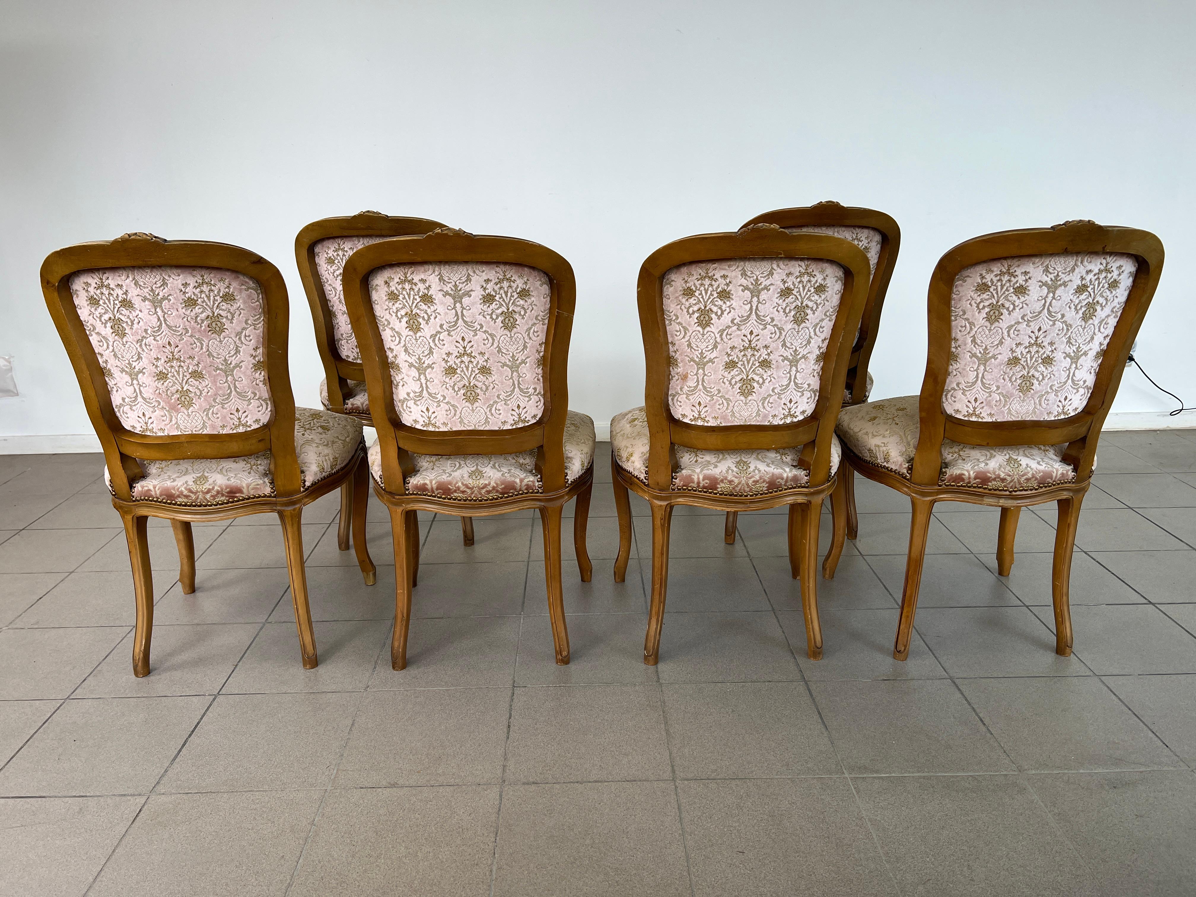 Vintage French Louis XV Style Dining Chairs – Set of 6 Tela en venta