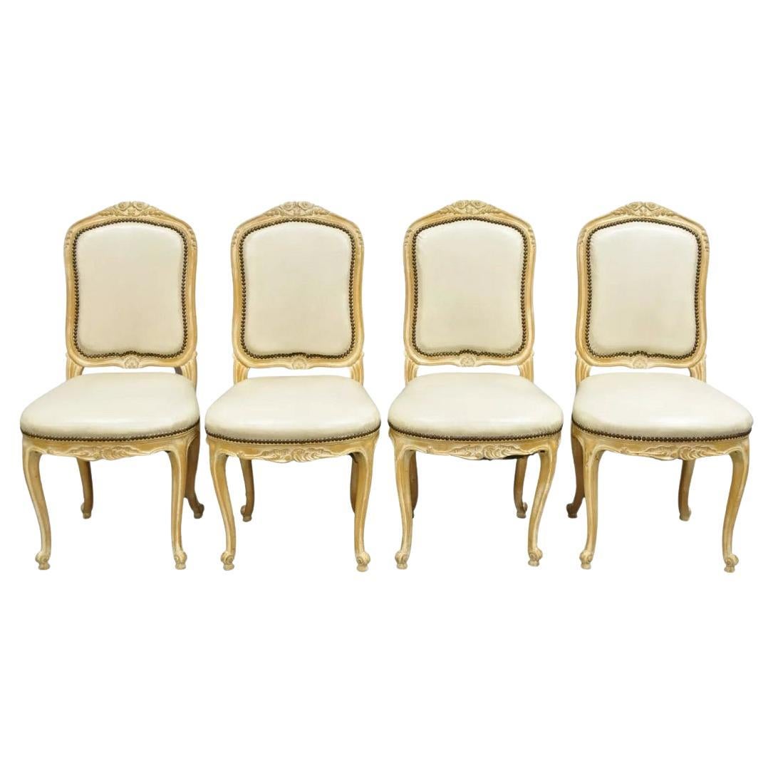 Vintage French Louis XV Style Distress White Washed Dining Side Chair - Set of 4