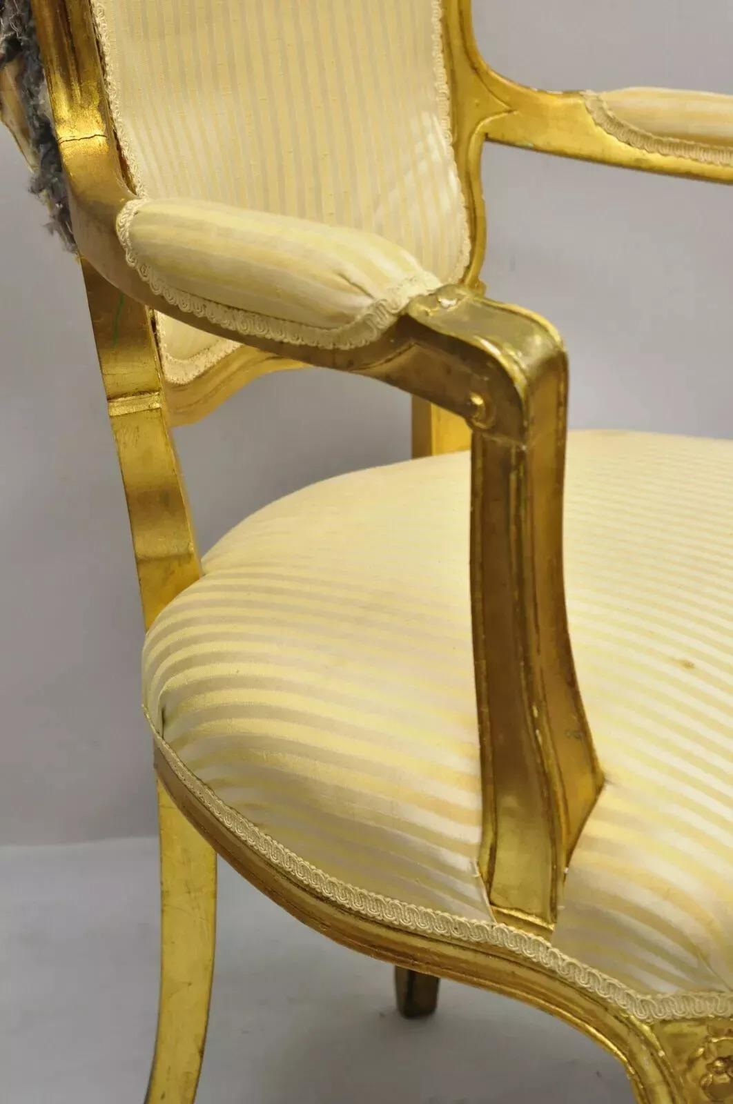 Vintage French Louis XV Style Gold Gilt Wood Arm Chairs to Refinish DIY - a Pair For Sale 5