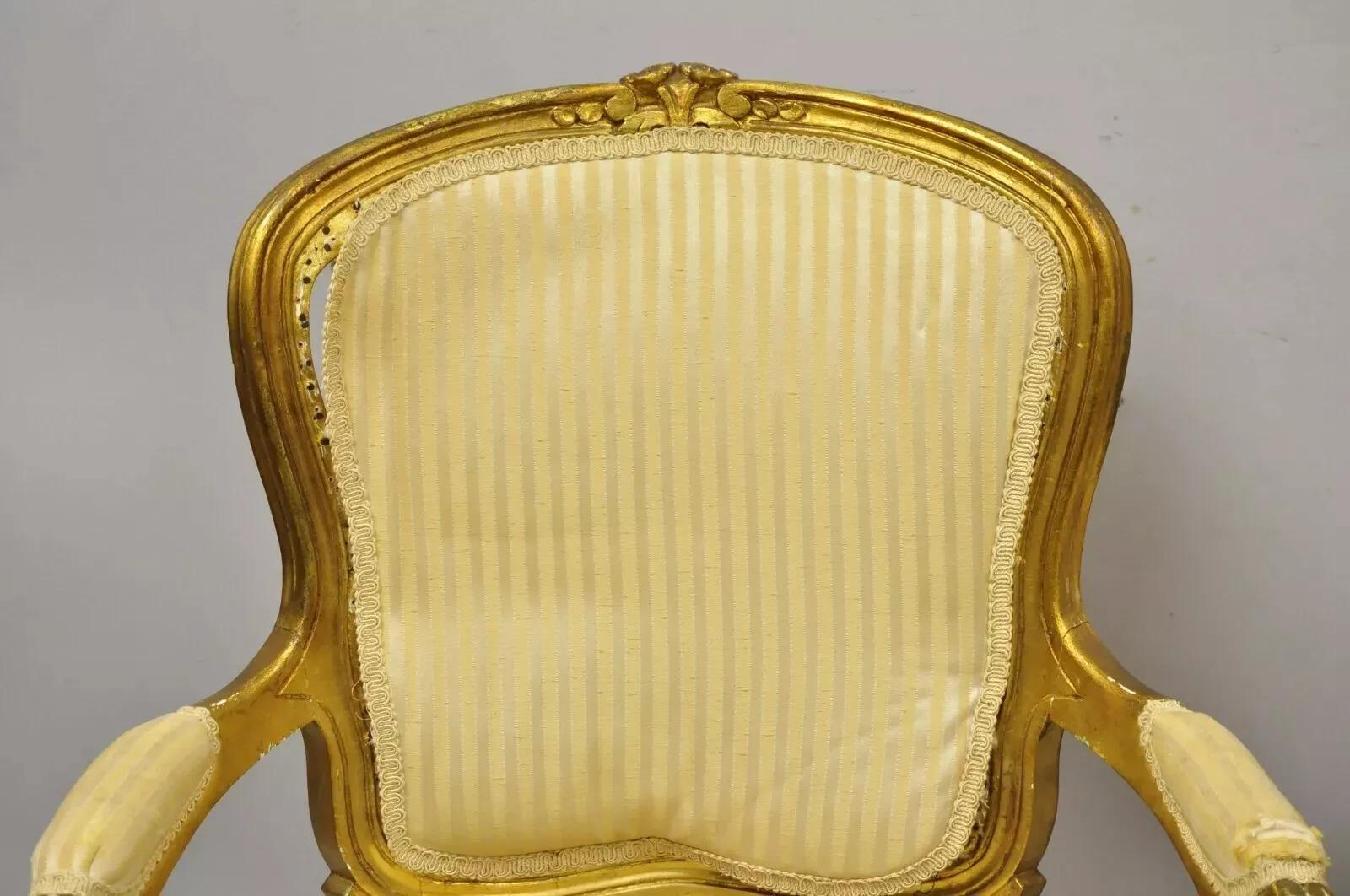 Unknown Vintage French Louis XV Style Gold Gilt Wood Arm Chairs to Refinish DIY - a Pair For Sale