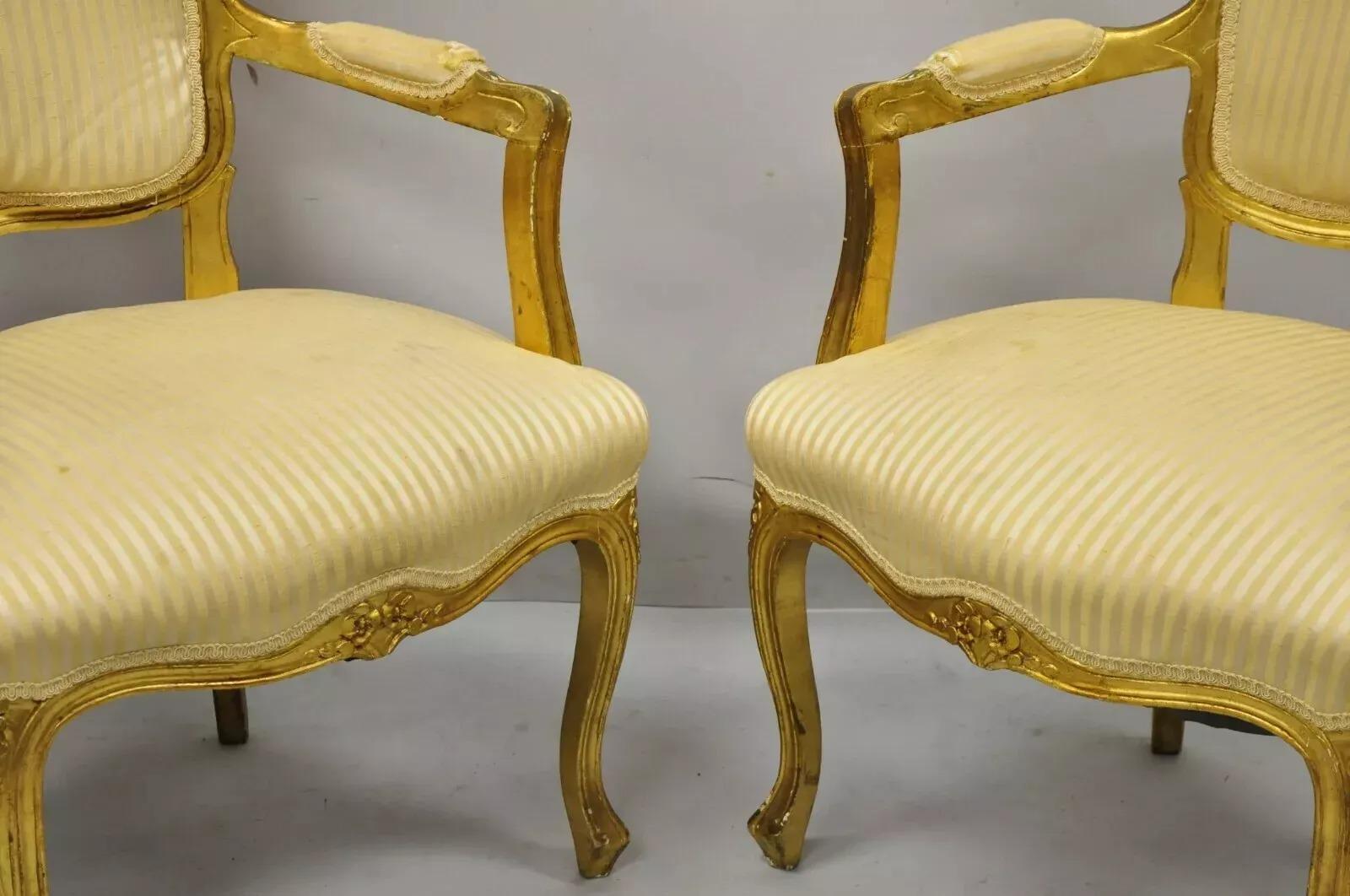 Vintage French Louis XV Style Gold Gilt Wood Arm Chairs to Refinish DIY - a Pair In Good Condition For Sale In Philadelphia, PA