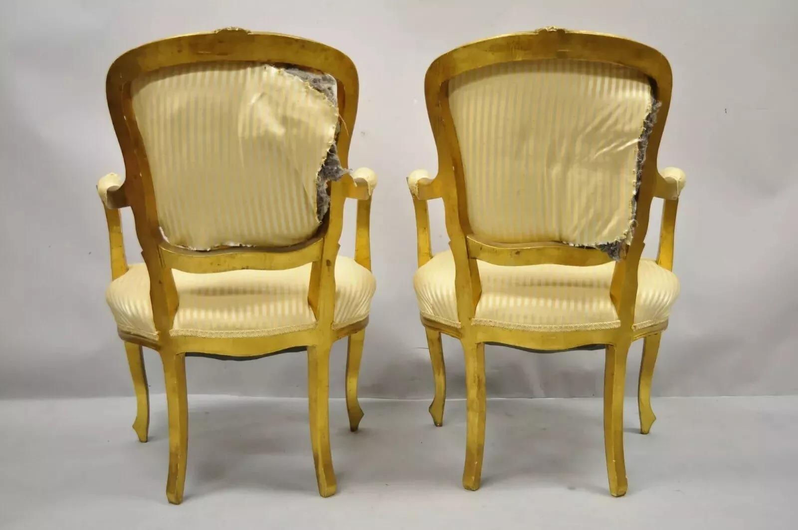 20th Century Vintage French Louis XV Style Gold Gilt Wood Arm Chairs to Refinish DIY - a Pair For Sale