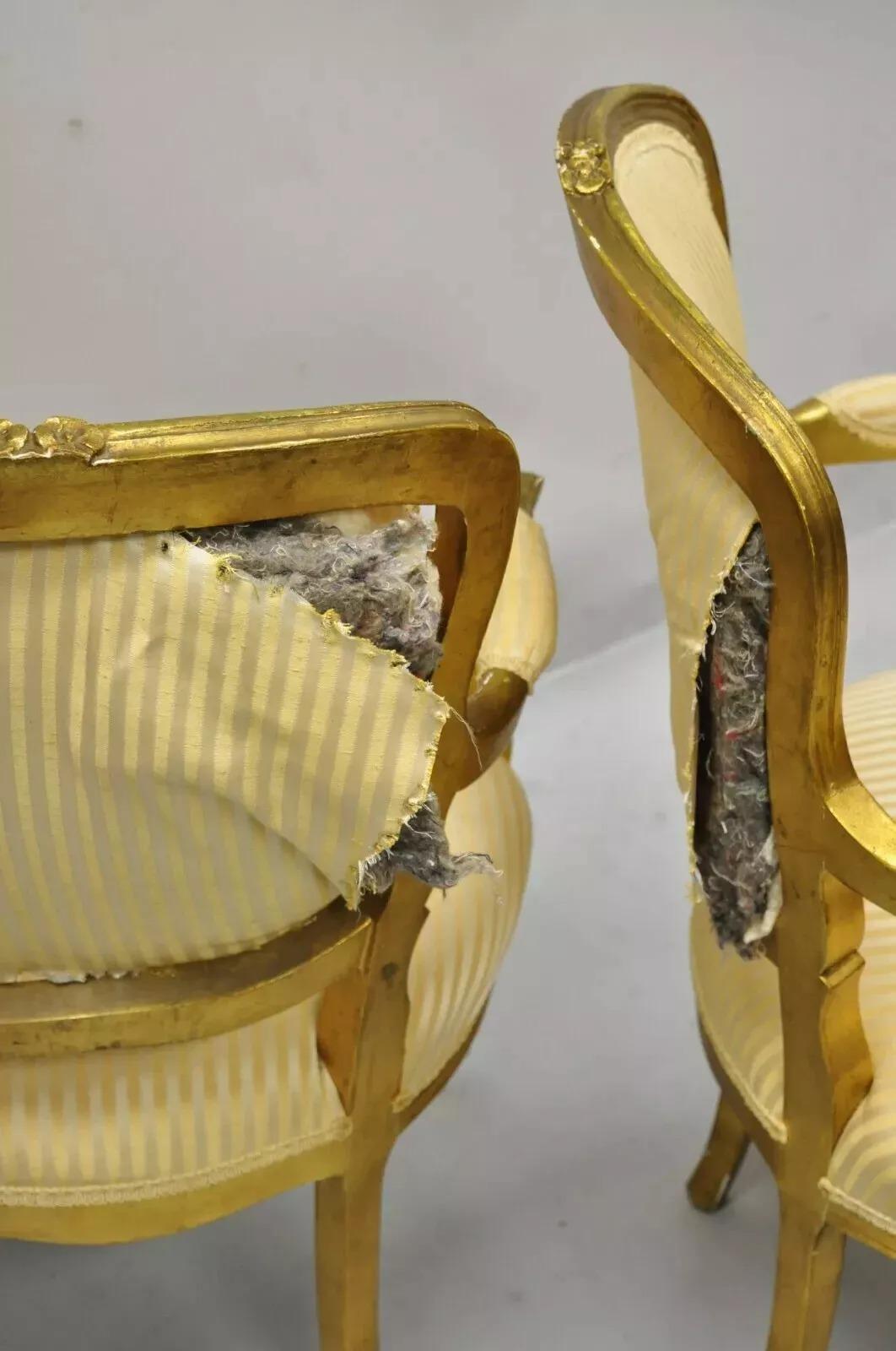 Vintage French Louis XV Style Gold Gilt Wood Arm Chairs to Refinish DIY - a Pair For Sale 1