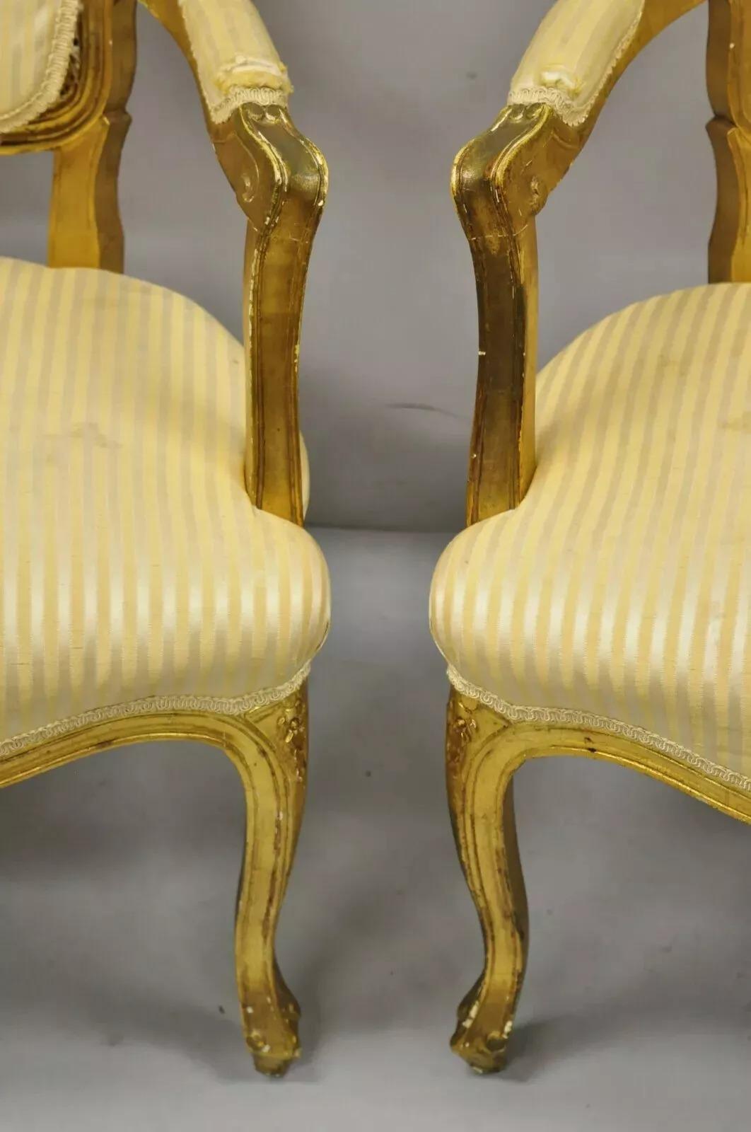 Vintage French Louis XV Style Gold Gilt Wood Arm Chairs to Refinish DIY - a Pair For Sale 2
