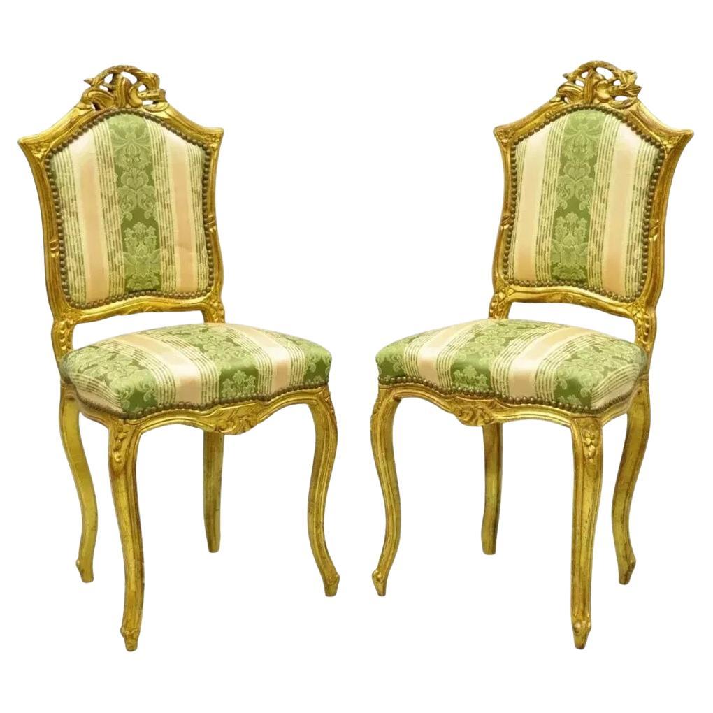 Vintage French Louis XV Style Gold Giltwood Carved Boudoir Side Chairs - a Pair