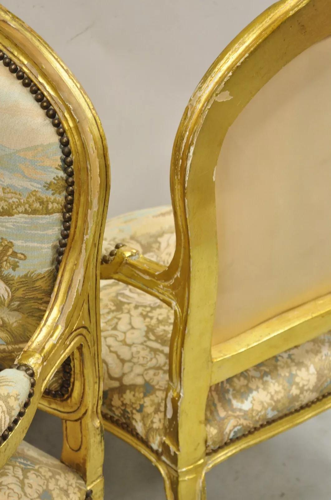 Vintage French Louis XV Style Gold Giltwood Tapestry Fabric Arm Chairs - a Pair For Sale 5