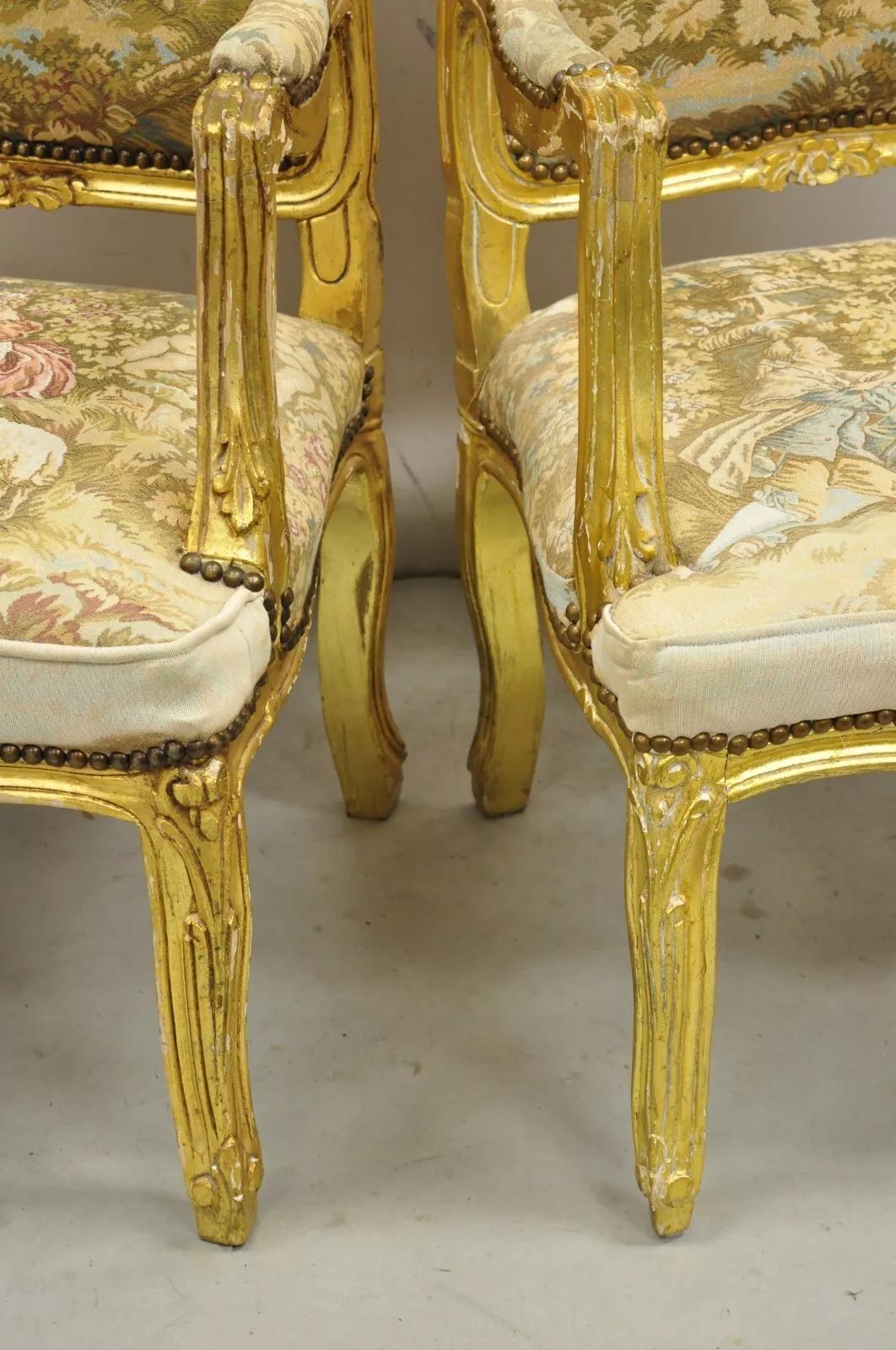 Vintage French Louis XV Style Gold Giltwood Tapestry Fabric Arm Chairs - a Pair For Sale 7