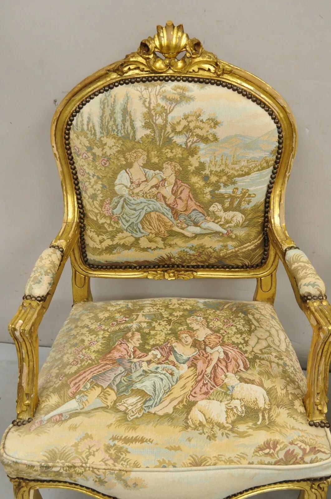 Unknown Vintage French Louis XV Style Gold Giltwood Tapestry Fabric Arm Chairs - a Pair For Sale
