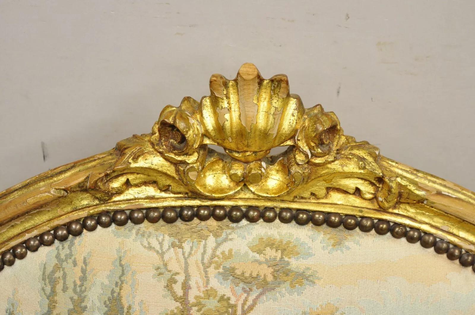 Vintage French Louis XV Style Gold Giltwood Tapestry Fabric Arm Chairs - a Pair In Good Condition For Sale In Philadelphia, PA