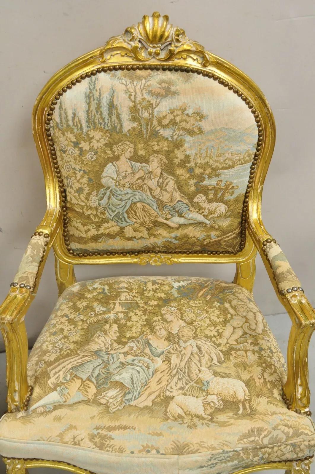 20th Century Vintage French Louis XV Style Gold Giltwood Tapestry Fabric Arm Chairs - a Pair For Sale