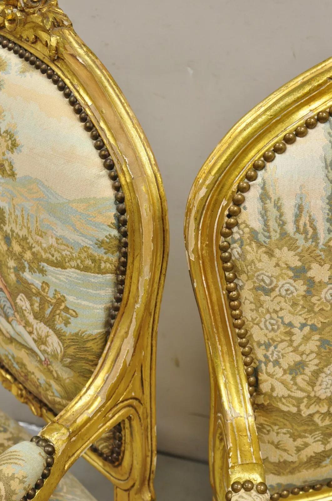Vintage French Louis XV Style Gold Giltwood Tapestry Fabric Arm Chairs - a Pair For Sale 1