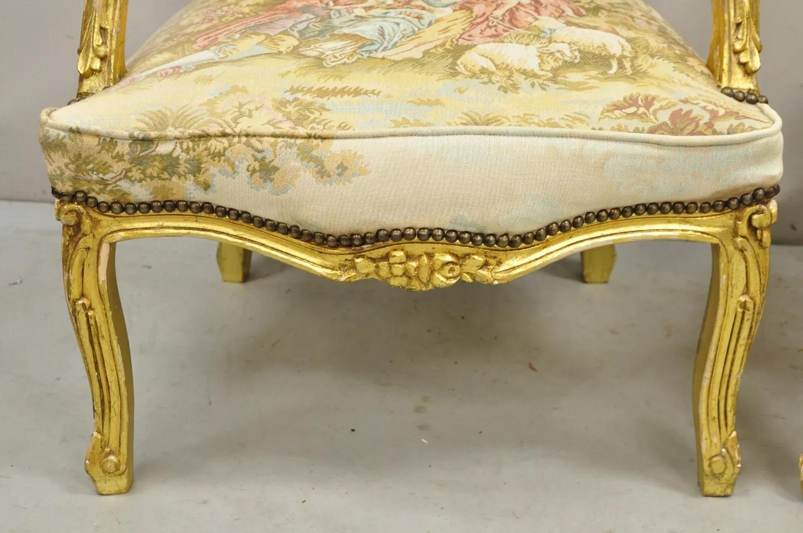 Vintage French Louis XV Style Gold Giltwood Tapestry Fabric Arm Chairs - a Pair For Sale 2