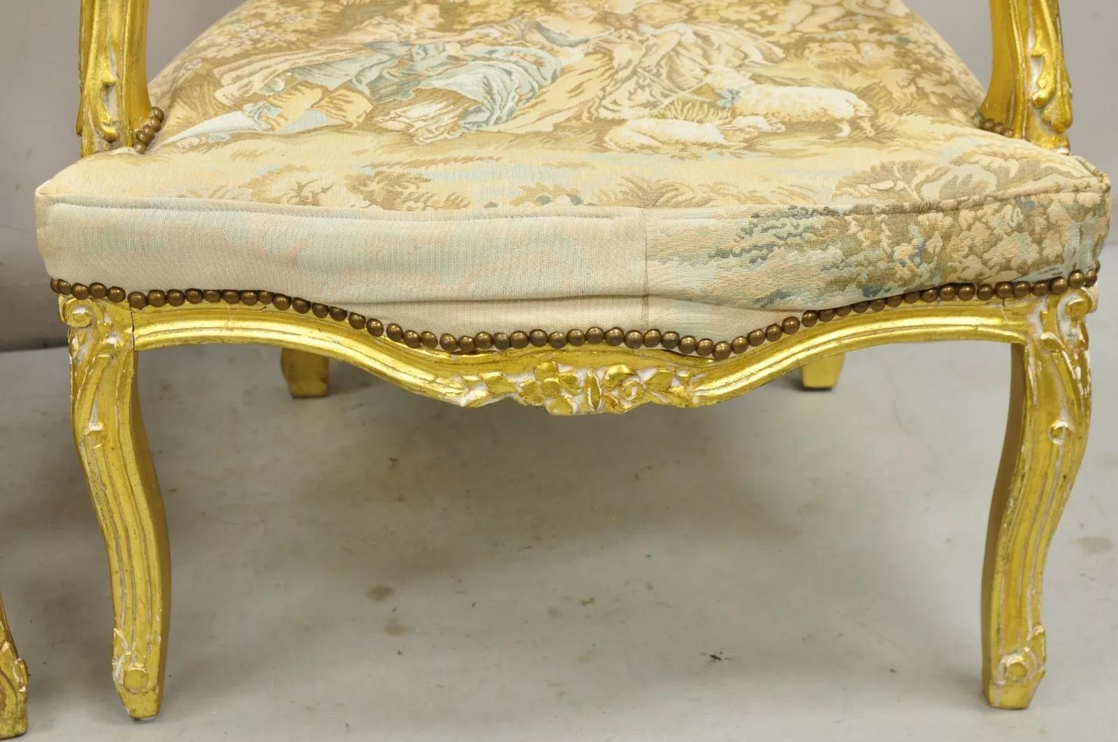 Vintage French Louis XV Style Gold Giltwood Tapestry Fabric Arm Chairs - a Pair For Sale 3