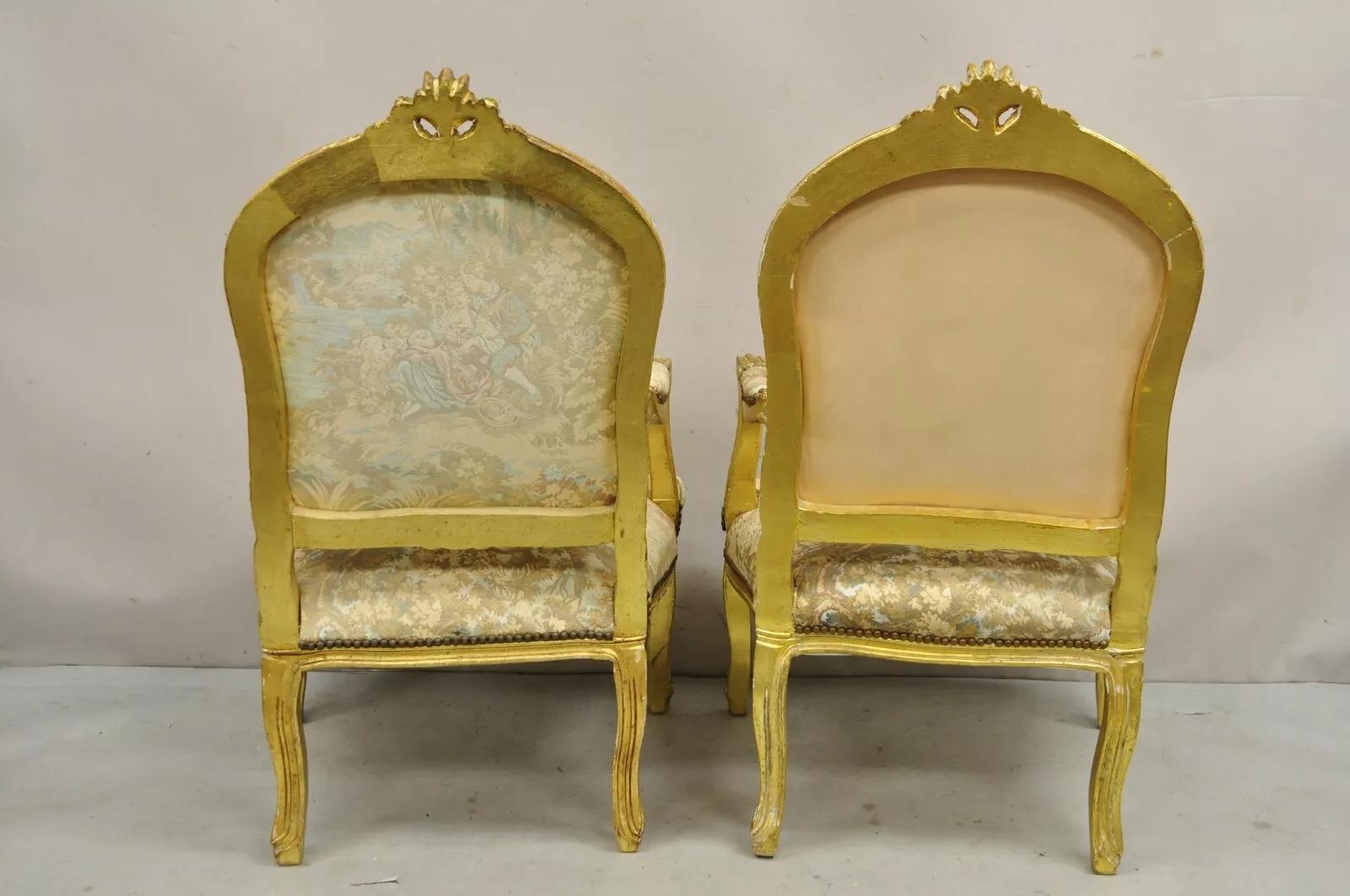 Vintage French Louis XV Style Gold Giltwood Tapestry Fabric Arm Chairs - a Pair For Sale 4