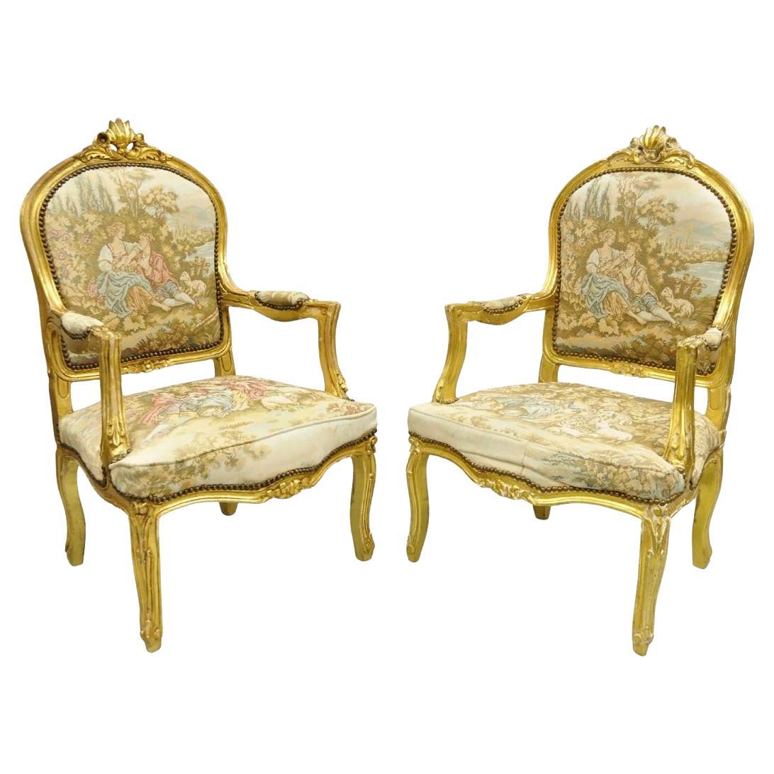 Vintage French Louis XV Style Gold Giltwood Tapestry Fabric Arm Chairs - a Pair