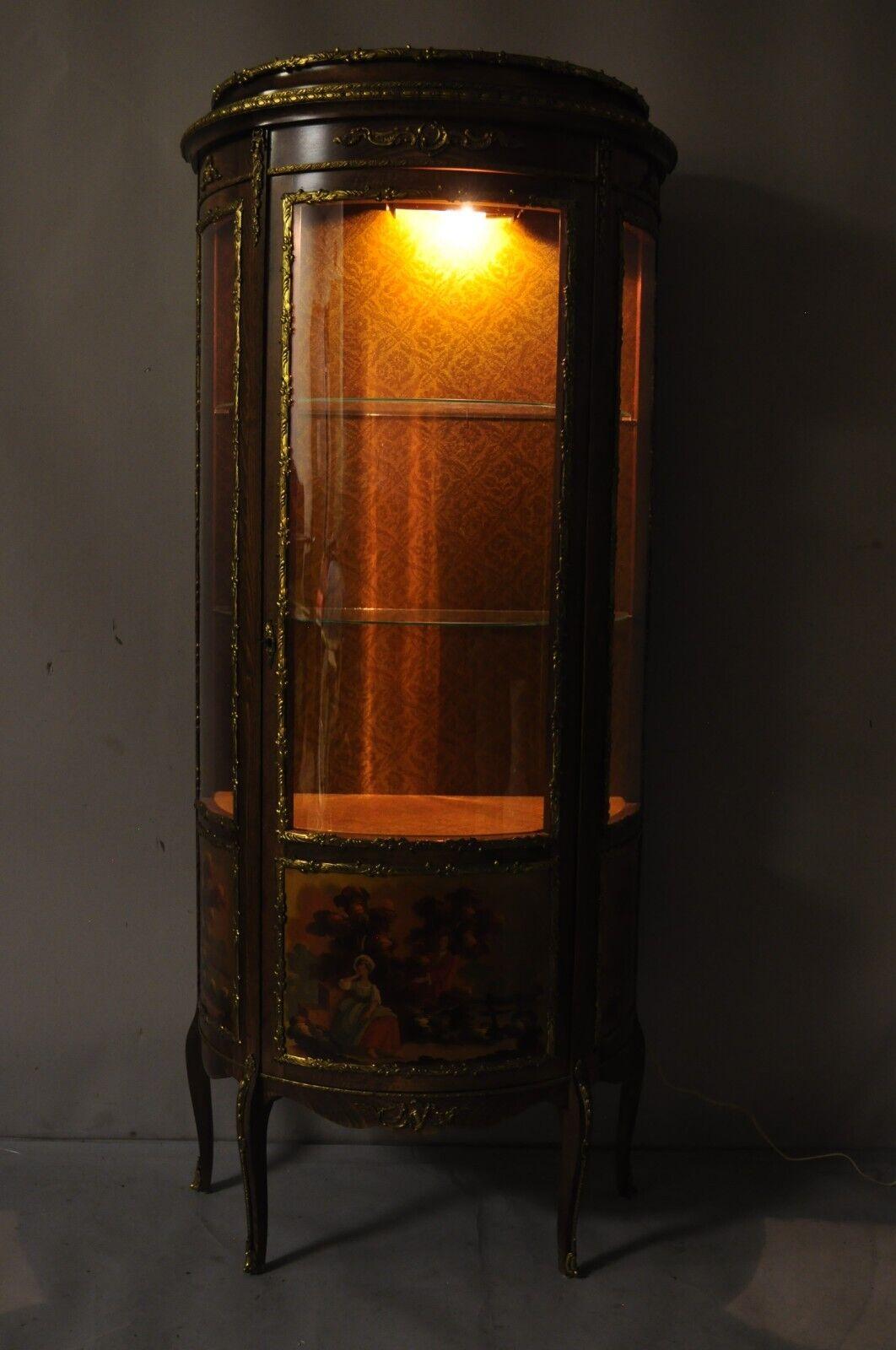 Vintage French Louis XV Style Half Round Demilune Lighted Curio Display Cabinet For Sale 4