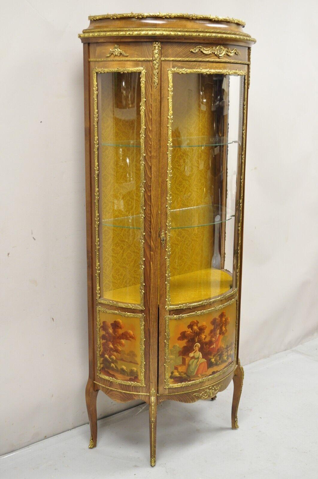 Vintage French Louis XV Style Half Round Demilune Lighted Curio Display Cabinet.  Item features bowed plexiglass panels, hand painted scenes, brass ormolu, very nice vintage item, made in Spain. Circa Mid 20th Century. Measurements: 68