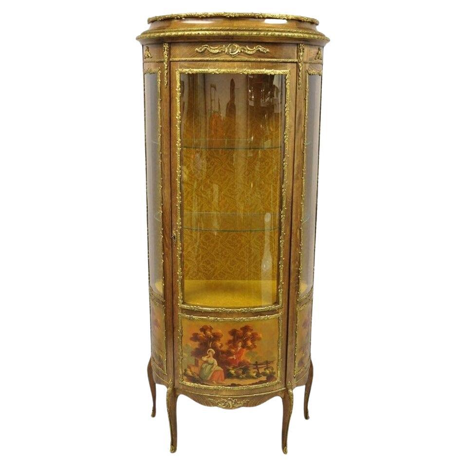 Vintage French Louis XV Style Half Round Demilune Lighted Curio Display Cabinet For Sale