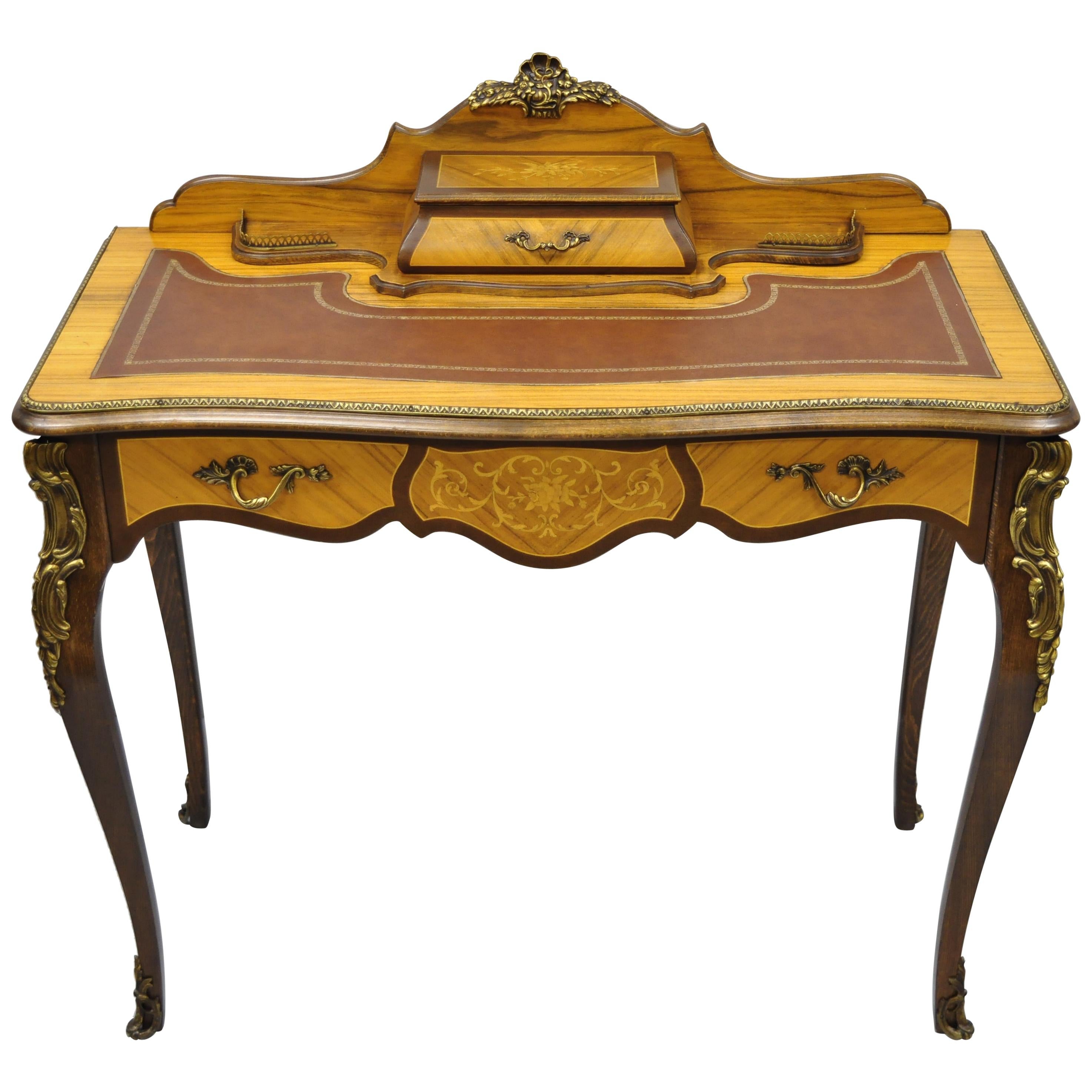 Vintage French Louis XV Style Inlaid Leather Top Petite Ladies Writing Desk