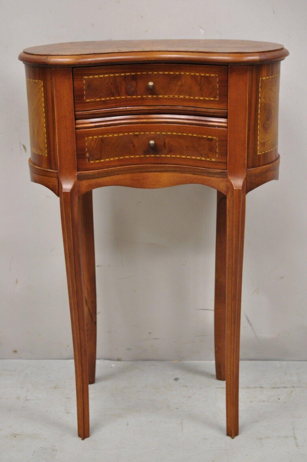 Vintage French Louis XV style kidney shaped burlwood nightstand side table. Item features beautiful wood grain, 2 dovetail drawers, cabriole legs, nice inlay. Circa late 20th century. Measurements: 31.5