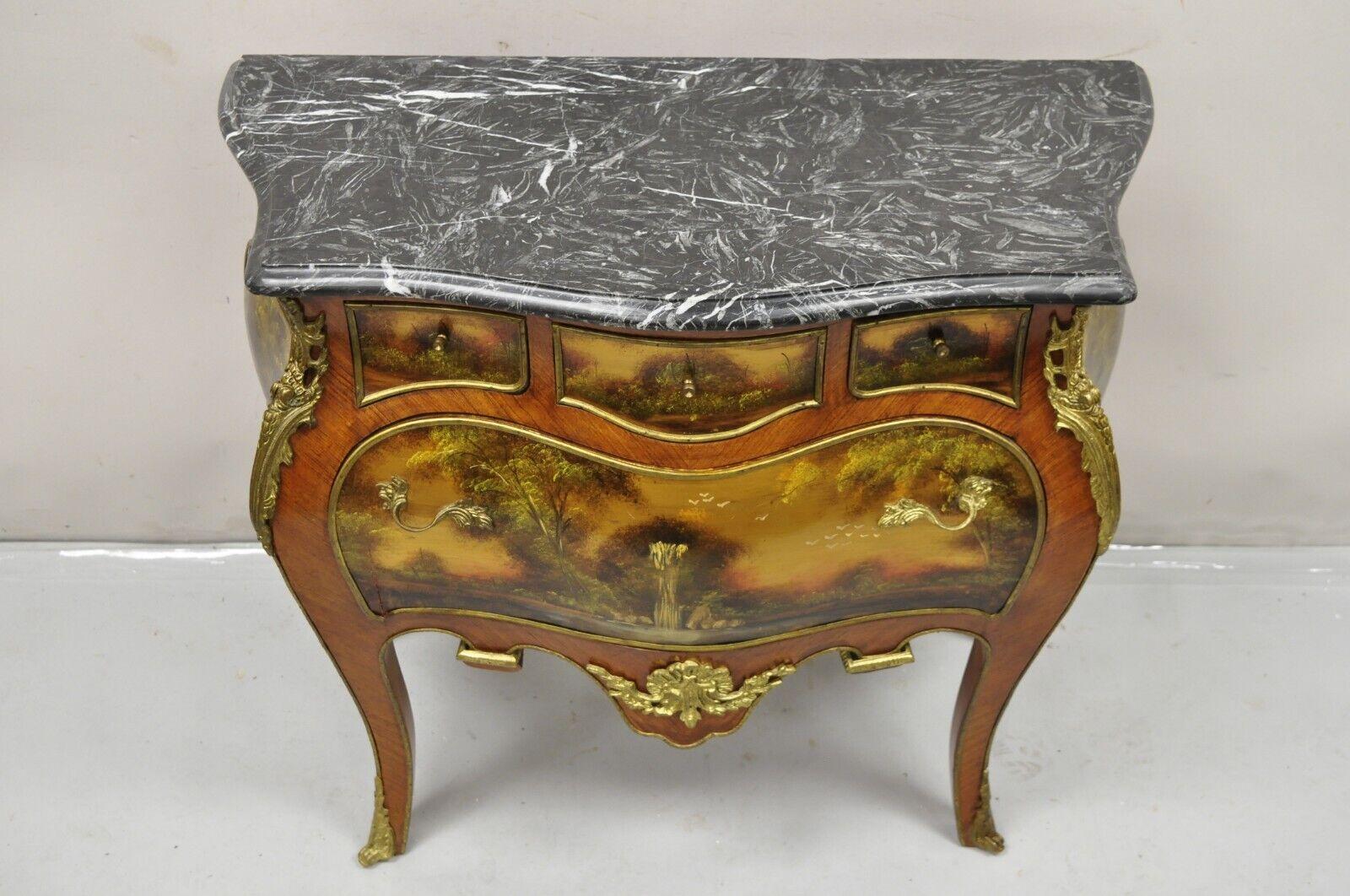Vintage French Louis XV Style Marble Top Bombe Hand Painted Commode Chest For Sale 6
