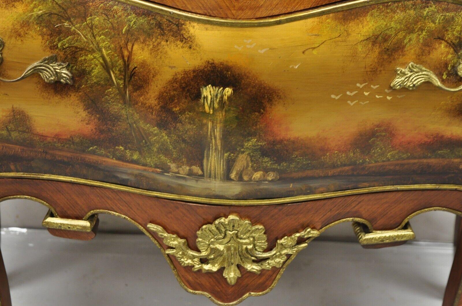 Vintage French Louis XV Style Marble Top Bombe Hand Painted Commode Chest For Sale 7