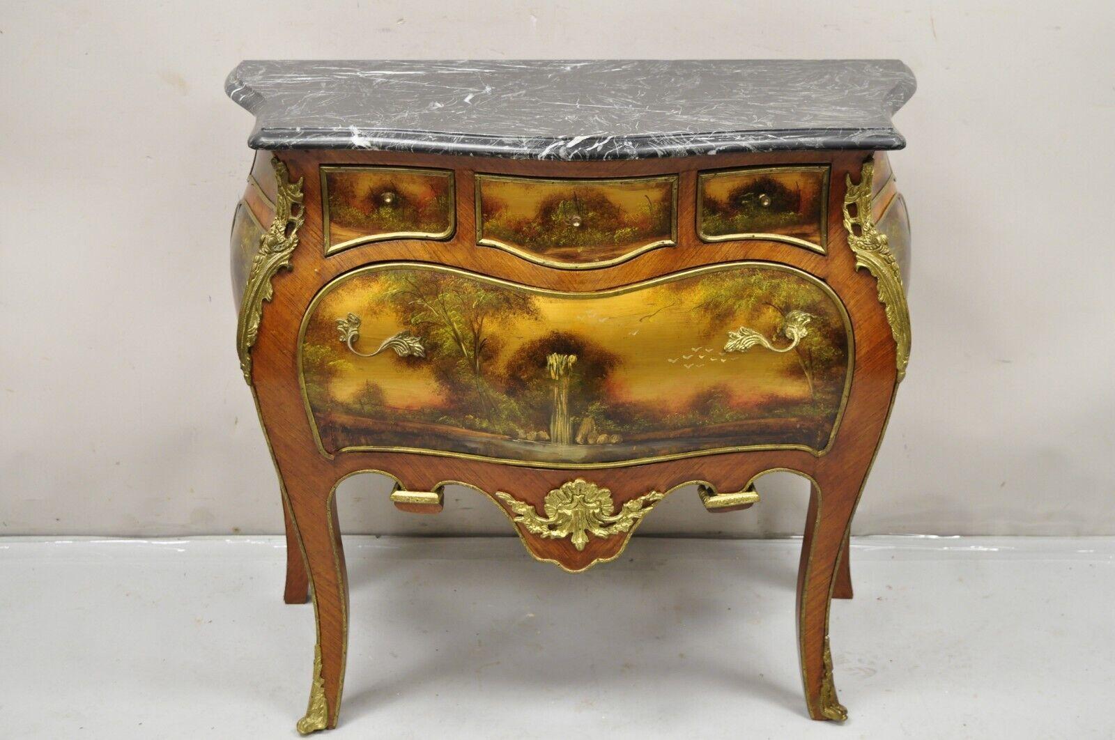 Vintage French Louis XV Style Marble Top Bombe Hand Painted Commode Chest For Sale 8