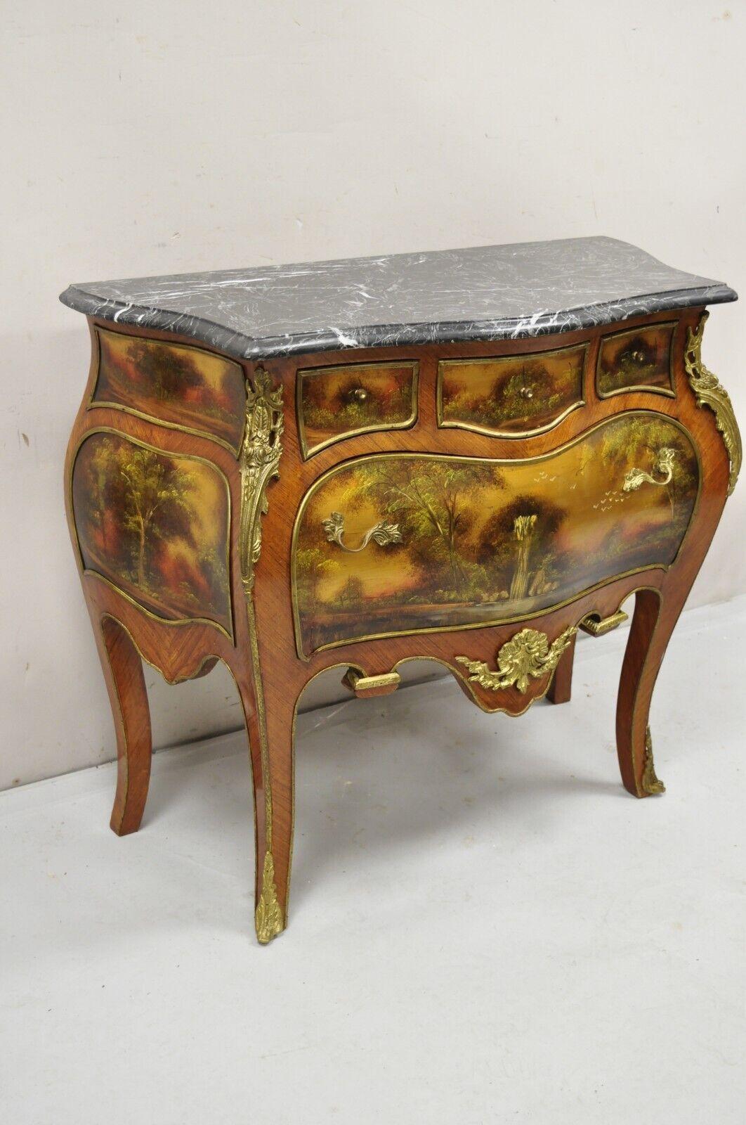 Vintage French Louis XV Style Marble Top Bombe Hand Painted Commode Chest. Item featured has  4 drawers, bronze ormolu, black marble top, hand painted throughout, very nice item. Circa  Late 20th Century. Measurements: 30.5