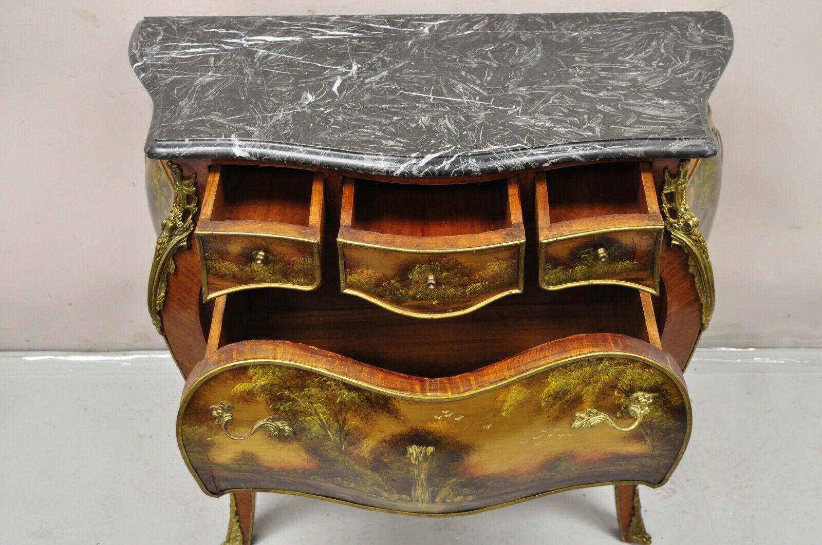 Vintage French Louis XV Style Marble Top Bombe Hand Painted Commode Chest In Good Condition For Sale In Philadelphia, PA