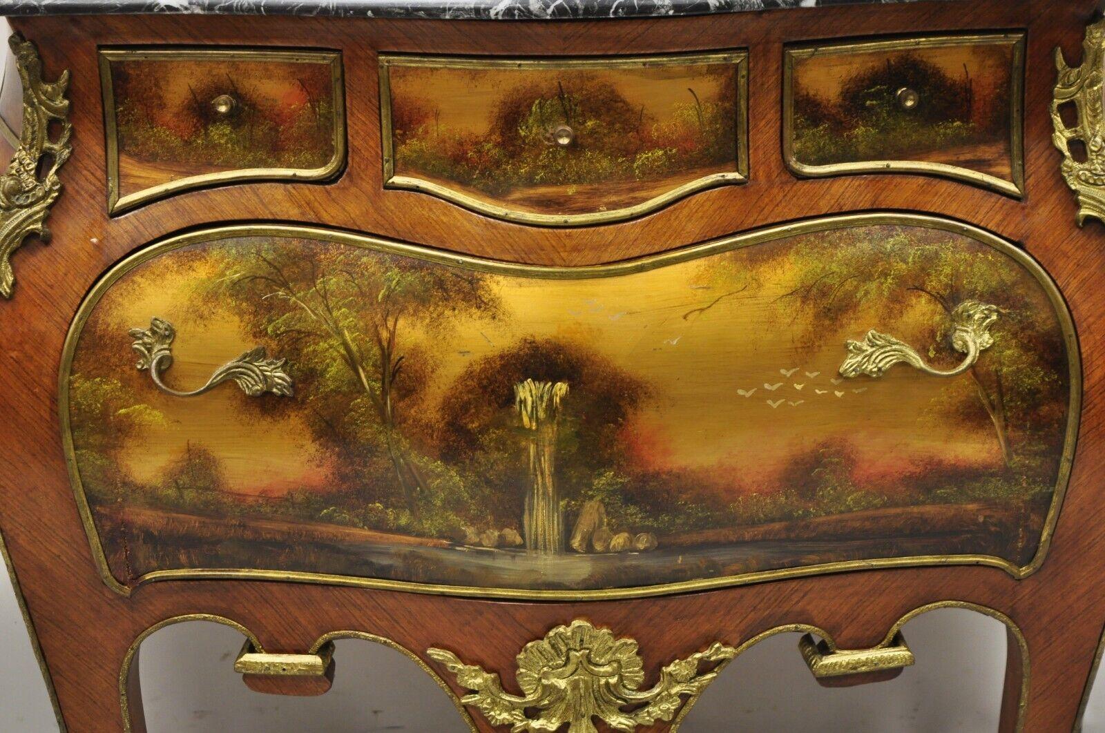 20th Century Vintage French Louis XV Style Marble Top Bombe Hand Painted Commode Chest For Sale