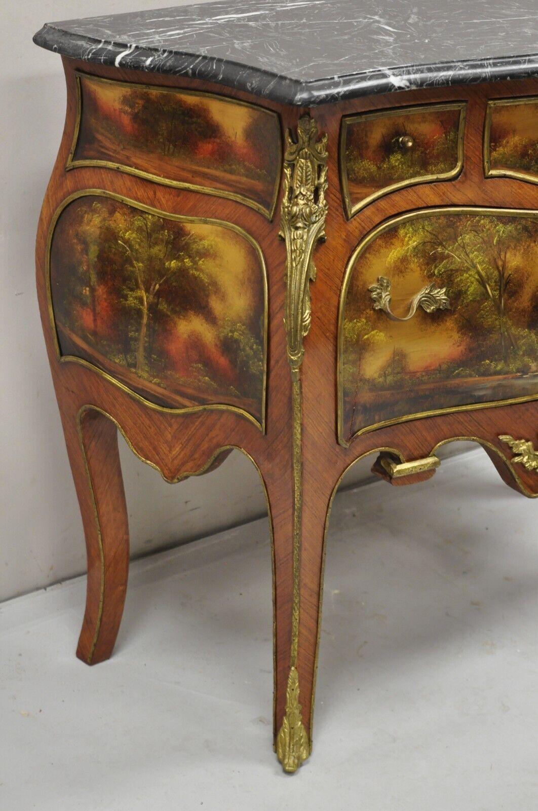 Vintage French Louis XV Style Marble Top Bombe Hand Painted Commode Chest For Sale 2