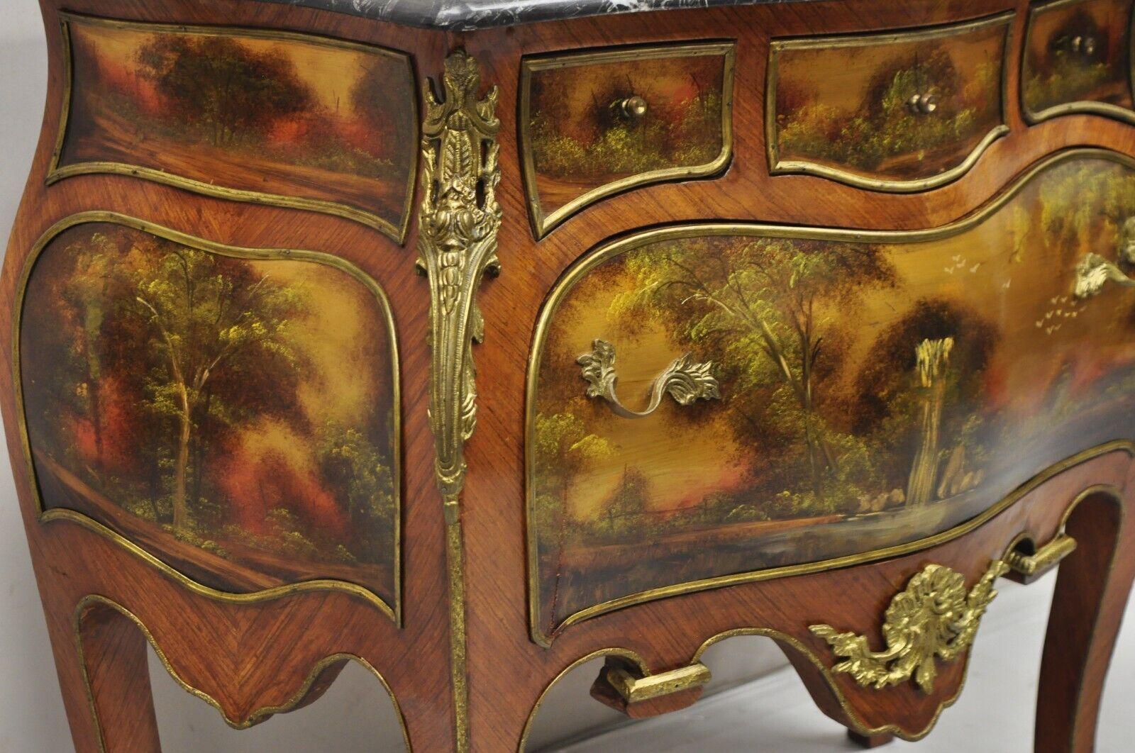 Vintage French Louis XV Style Marble Top Bombe Hand Painted Commode Chest For Sale 3